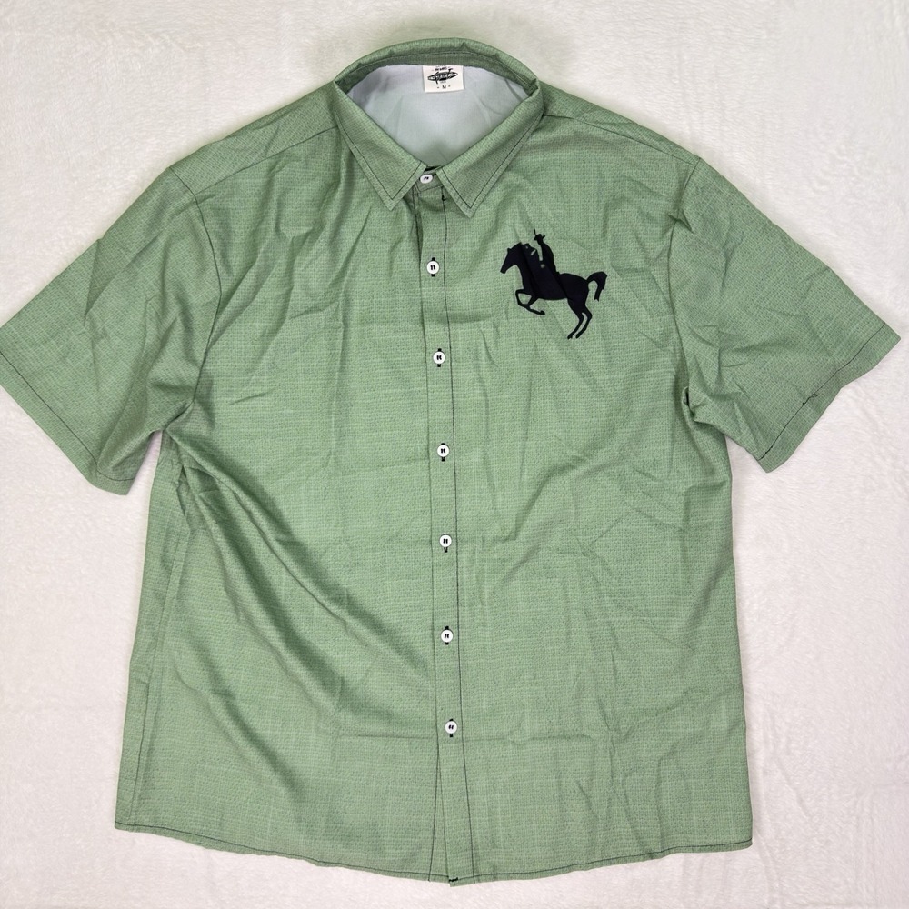 Fydude Shirt Mens Medium Green Catch The Waves Hawaiian‎ Button Horse Cowboy